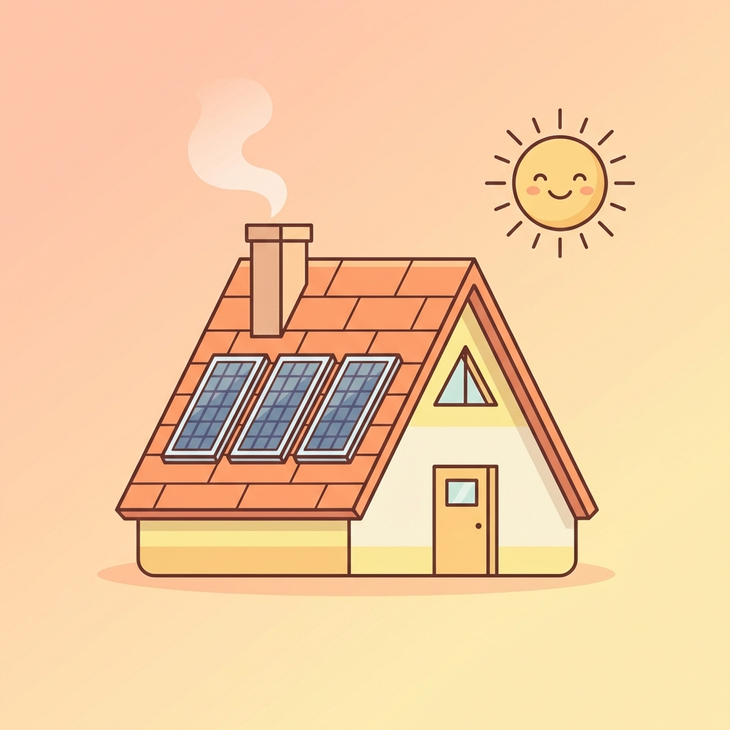 Home with solar panels and sun